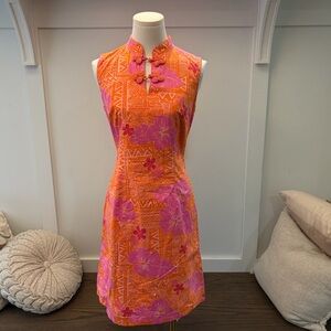 Lilly Pulitzer Orange and Pink Vintage Sneaky Tiki Tropical Floral Dress Size 6
